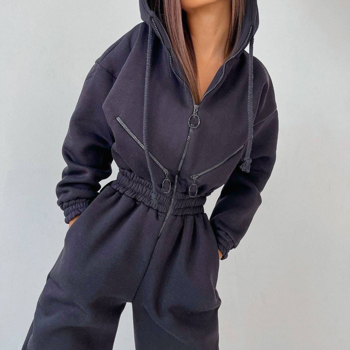 Casual Women Basic Hoodie Two Piece Sets Zipper Drawstring